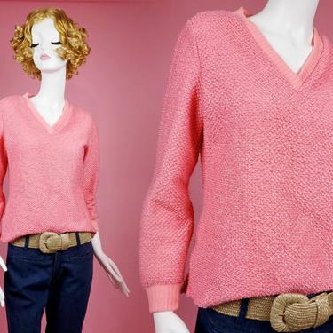 Vintage 70s woven nubby polyester pullover V-neck. By Center Stage. (Size S/M) 