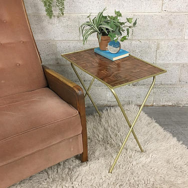 Vintage TV Tray Retro 1960s Woodgrain + Gold Metal Frame + Collapsable + Tray Table + Plant Table + Dining + MCM + Mid Century Home Decor 