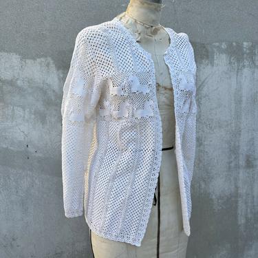 Vintage 1930s Horse Design White Crochet Sweater Cardigan Jacket Animal Knit 40s