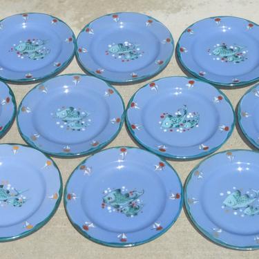 Vintage Set of Twelve Hand Painted Fish Dinnerware Plates Made in Italy 