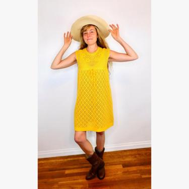 See by Chloe Crochet Dress // boho mini yellow crochet hippie knit hippy 70s vintage style sun 1970s // S Small 