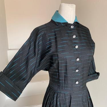 Elegant 1950s Satiny Taffeta Dress in Black and Aqua Dolman Sleeves Faceted Buttons Slash Pockets 40 Bust Vintage 