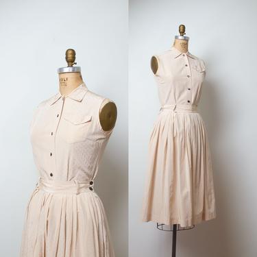 1950s Shirtwaist Dress / 50s Beige 2 Piece Skirt and blouse Set 