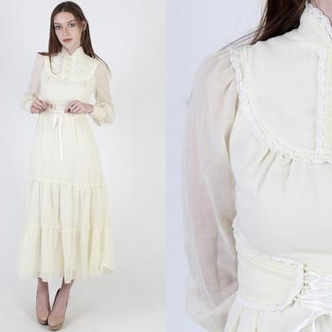 Ivory Lace Up Corset Maxi Dress / Renaissance Faire Style Clothing / 70s Prairie Sheer Sleeves / Vintage 1970s Bib Simple Garden Maxi Dress 