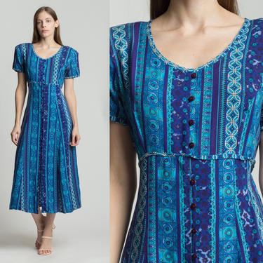 90s Boho Blue Floral Striped Maxi Dress - Medium | Vintage Summer Festival Grunge Dress 