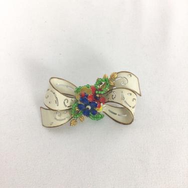 Vintage 30s Brooch | Vintage painted metal floral bow brooch | 1930s novelty accessory enamel bead pin 