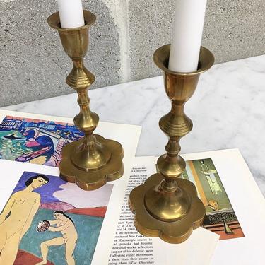 Vintage Candlestick Holders Retro 1980s Gold Brass Metal + 7.5 Inches Tall + Set of 2  + Daisy Base + Candle Holders + Home Decor + Lighting 