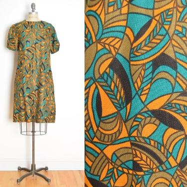 vintage 60s dress gold teal brown graphic feather print mod twiggy sheath M L clothing 