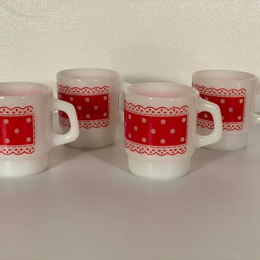 Fire King Red &amp; White Stackable Polka Dot Mugs - Set of Four 