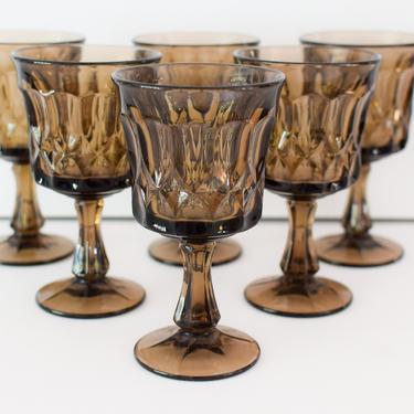 Vintage Brown Black Wine Glasses. Smoke Colored Drinking Glasses. Set of 6 Noritake Glass Goblets. 