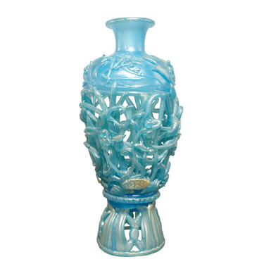 Ermanno Nason Hand-Blown Vase in Opalescent Blue Glass & Gold Overlay 1967