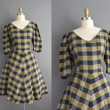 vintage 1950s | Classic Green &amp; Black Bold Plaid Print Full Skirt Cotton Dress | Medium | 50s dress 