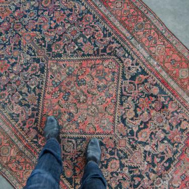 Antique 4’3” x 6’8” Medallion Red Navy Hand-Knotted Distressed Low Pile Rug 1910s - FREE DOMESTIC SHIPPING 
