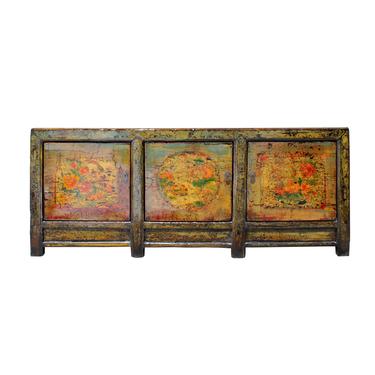 Chinese Distressed Olive Lime Green Flower Birds Sideboard Cabinet cs5733S