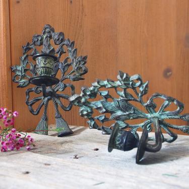 Vintage cast iron wall sconce candle holders / green patina wall candle holders / vintage taper candle holders / rustic cottage decor 