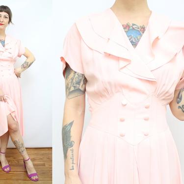 Vintage 90's Soft Pink Rayon Flutter Sleeve Ruffle Dress / 1990's Pale Pink Sweetheart Dress / Women's Size XS - Small by Ru