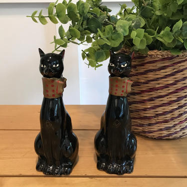 Vintage 1959s Ceramic Set of Black Cat Shaped Oil &amp; Vinegar Cruet Decanters 