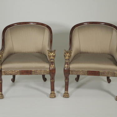 Pair carved wood armchairs with panther heads