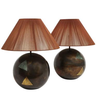 Karl Springer Pair of Rare "Oxidized Brass Ball Lamps - Multi Triangle Design" 1980s