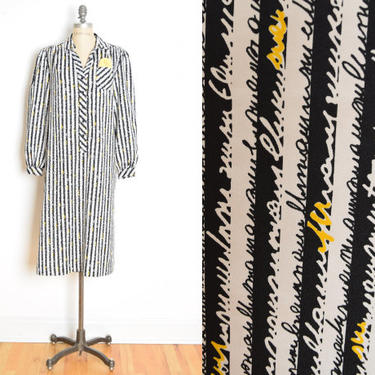 vintage 80s dress black white script text print midi dress L XL plus size stripe clothing 