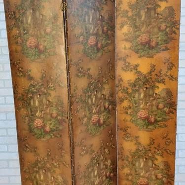 Antique Italian Hand Painted Chinoiserie Leather Covered 3 Panel Arch Top Screen