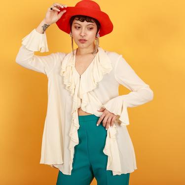 80s Light Beige Donna Karan Silk Blouse Vintage Ruffle Romantic Elegant Top 