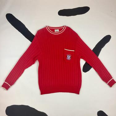 80's 90's Benetton preppy red ribbed soft cotton knit sweater 1990's 1987 class crest ringer front pocket varsity collegiate oversize club M 