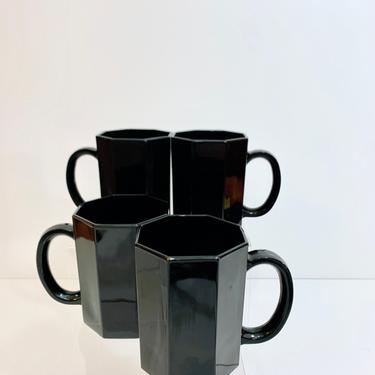 Vintage 1970s Mid Mod Octagon Black Onyx Glass Drink Coffee Tea Cups Mugs France Arcoroc 