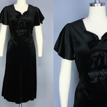 1930s Velvet Dress | Vintage 30s Black Cocktail Dress with Bow Details |  small 