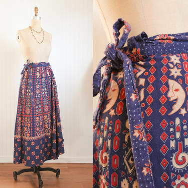 vtg moon print batik wrap skirt - one size fits most - indian cotton 