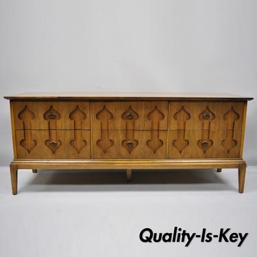 Mid Century Modern Low Walnut Credenza Cabinet Carved "Spade" Front