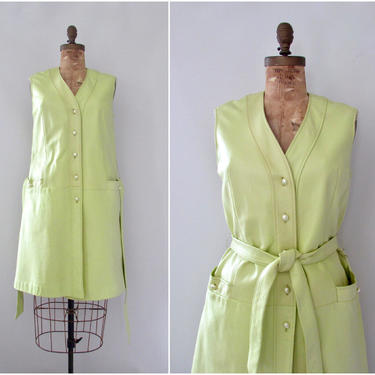 LEATHER WEIGHT Vintage 60s Light Green Jumper Dress, 1960s Mod Button Up Vest w/ Tie Belt | 70s 1970s Space Age Scooter, Size Small / Medium 