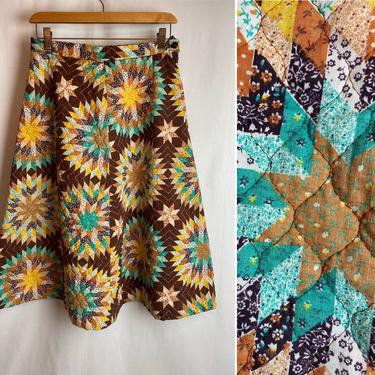 Quilted Pattern 70’s A line~ Boho Hippie skirt ~ top stitch quilt inspired~ 1970’s fall- winter skirt~ autumn colors teal brown earthy~ 29” 
