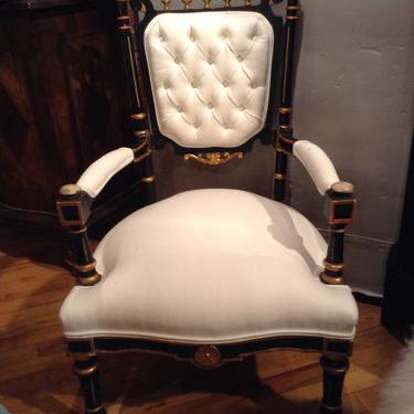 Antique pair of Upholstered tufted Ebony/Guilded chairs