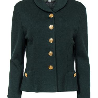 St. John - Emerald Green Collared Knit Jacket w/ Gold Buttons Sz 8