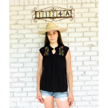 Mexican Crochet Blouse // vintage boho black hippie Mexican hand embroidered dress hippy tunic dress 70s tank // S Small 