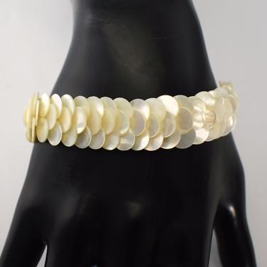 60's layered Mother of Pearl gold plated metal boho beach bracelet, wide white MOP discs snake skin style flexible clasp cuff 