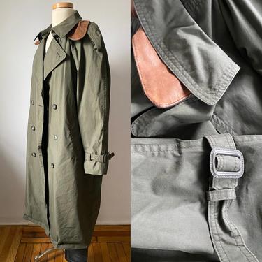 Soft Green Trench Coat with Removable Leather Collar 