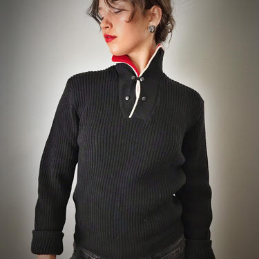 Vintage 70s Wool Sweater with Reverse Red Collar 