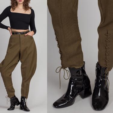 Vintage 1940s Army Officer Breeches - 34x28, Men's Medium, Women's Large | 40s Unisex High Waisted Lace Up Green Trousers 