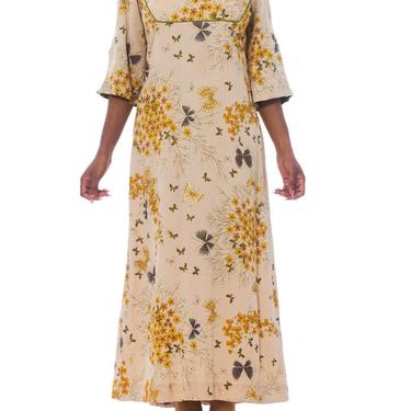 1960S ALFRED SHAHEEN Cotton Barkcloth Hawaiian Butterfly Print Dress With Peek-A-Boo Sleeves 