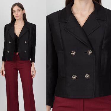 60s Black Jeweled Button Cropped Blazer - Medium | Vintage Wool Silk Boxy Short Jacket 