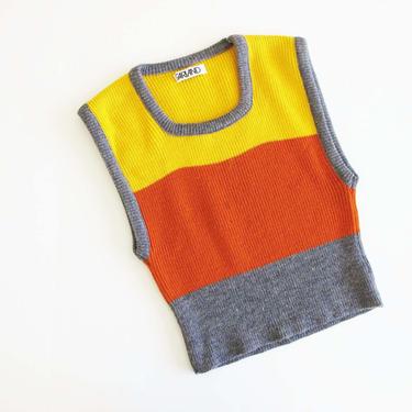 Vintage 70s Sweater Vest S M  - 1970s Colorblock Stripe Sweater Vest - Orange Yellow Gray Vest - 70s Clothing - Colorful Knitted Vest 