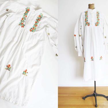 Vintage 80s Embroidered Peasant Dress S M - White Cotton Balloon Bishop Sleeve Midi Dress - White Peasant Dress - Wide Sleeve Dress - Boho 