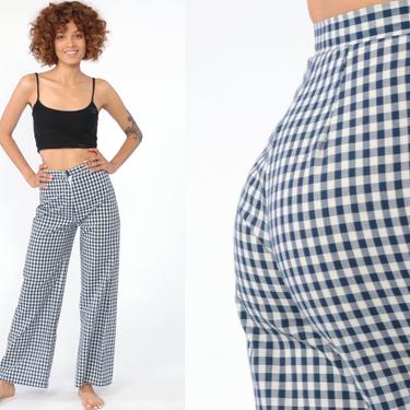 GIngham Bell Bottom Trousers 70s Plaid Pants HIGH WAISTED Hippie Boho Straight Leg Blue White 1970s Checkered Print Vintage Extra Small XS 