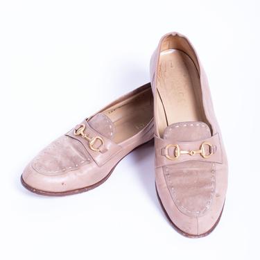 Vintage GUCCI 1980s Leather + Suede Taupe Horsebit Loafers 9.5 Neutral Tan GG Flats Princetown 