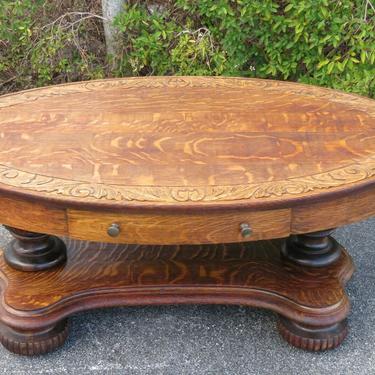 Early 1900s Tiger Oak Hand Carved Coffee Table 1858