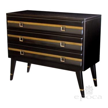 a stylish american 1940's brown lacquered and parcel-gilt 3-drawer chest by 'White Furniture Co.'