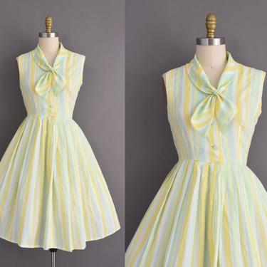 vintage 60s dress | Pastel Mint &amp; Yellow Stripe Print Full Skirt Dress | Small | 1960s vintage dress 