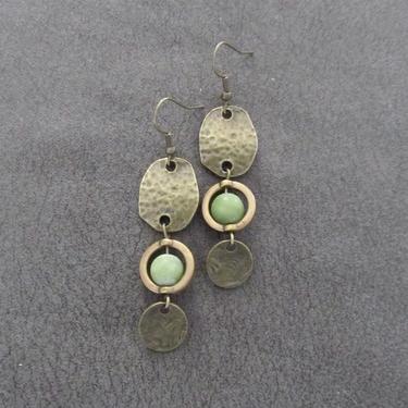 Green stone earrings, bronze modern earrings, unique ethnic earrings, mid century, tribal earrings, minimalist geometric earrings, boho chic 